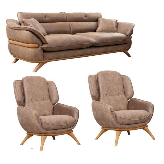 Focus Design Brown Fabric Berger 1 & 3 Seater Sofa Set Stain-Proof Fabric